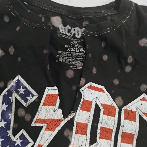 AC/DC Black Bleached Short Sleeve Tee with Stars & Stripes Logo - Picture 3 of 7